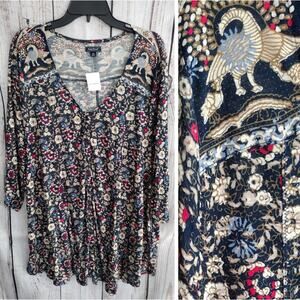 Lucky Brand NEW Boho Floral Peacock Bird Print Button-Front Tunic V-Neck Top 3X